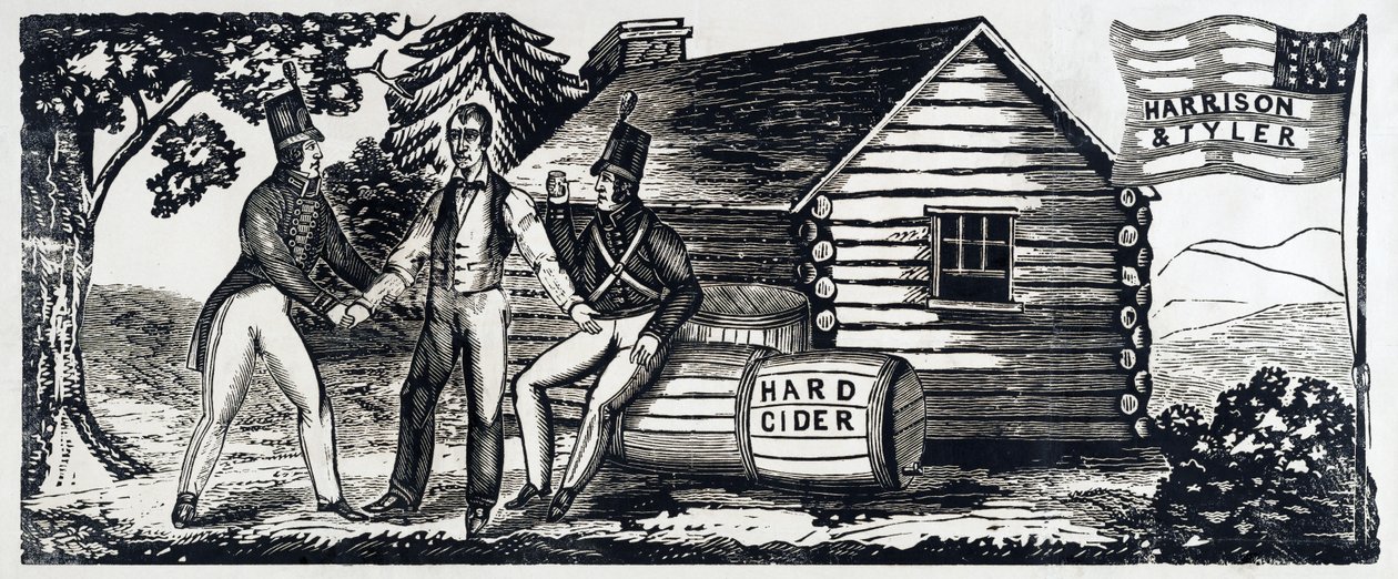 Az 1840-es Harrison és Tyler elnökválasztási kampány jelképe, kocsma. 1840 (fametszet) alkotó: American School