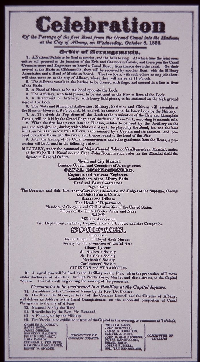 Erie-csatorna: a New York állam csatornarendszerének kulcsfontosságú része; A megnyitását ünneplő 1823. október 8-i Broadside (1825-ben fejeződött be) (litho) alkotó: American School