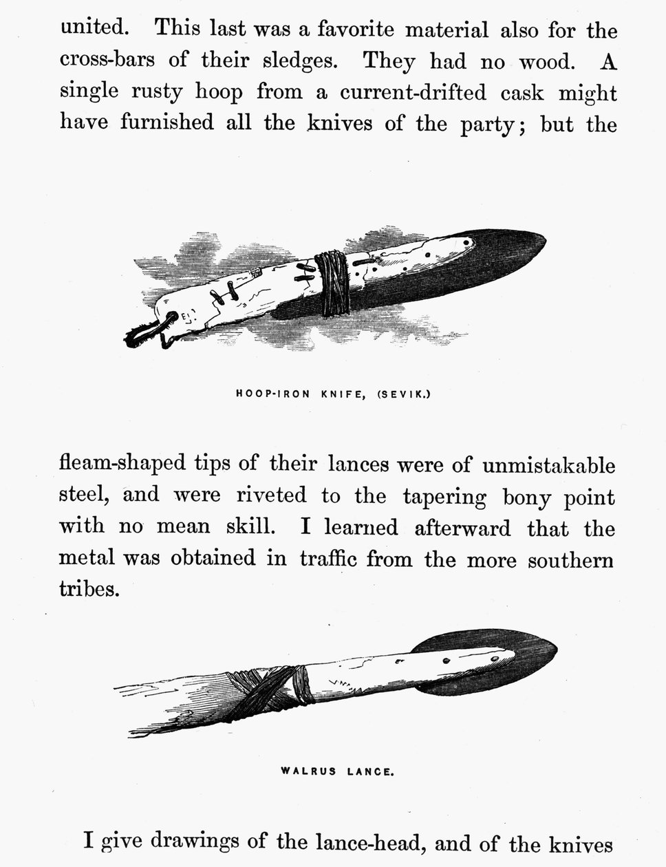 Eszkimó kés és lándzsa – Elisha Kent Kane, Arctic Explorations in the years 1853-1855, vol. 1. o. 206, Philadelphia alkotó: American School