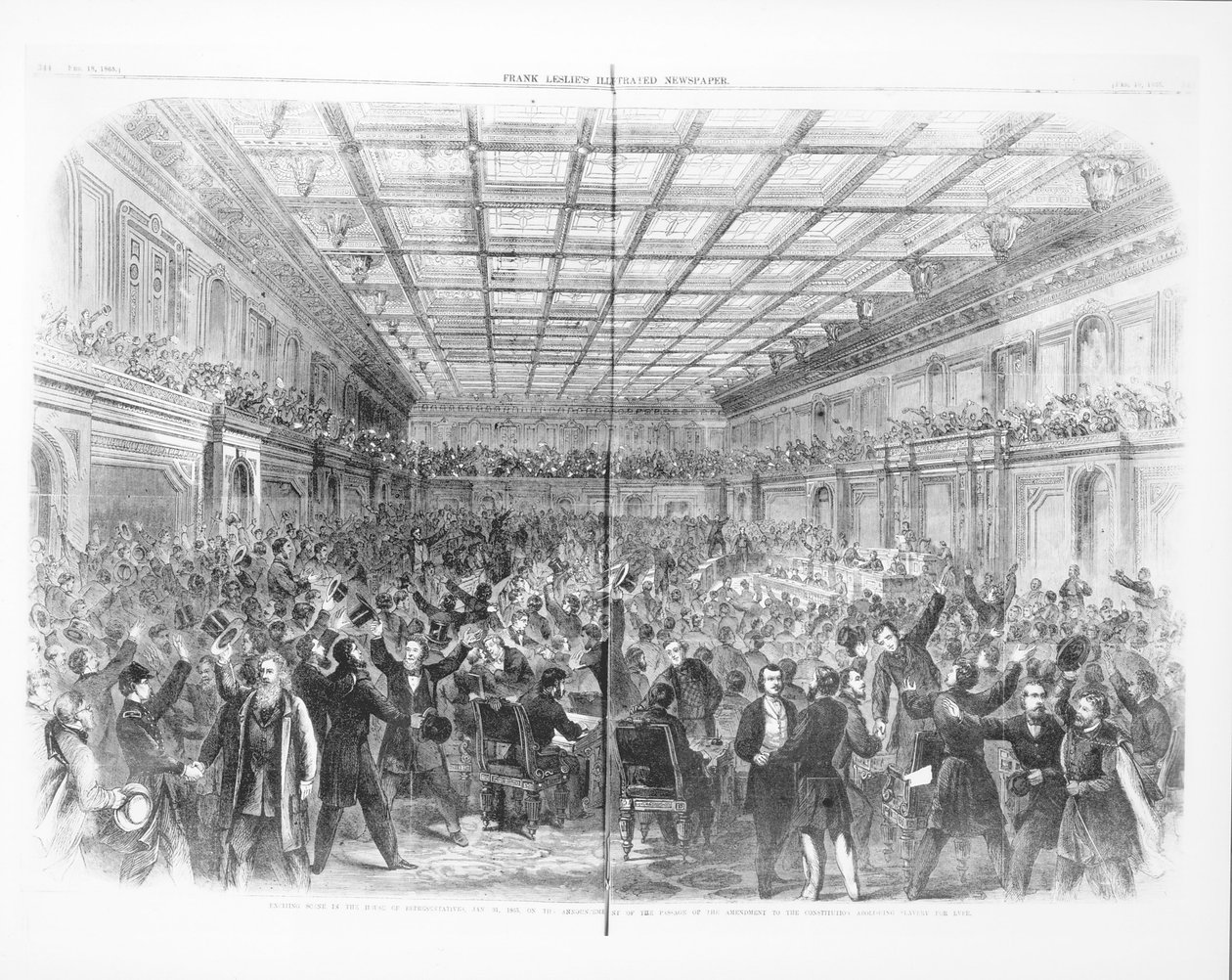 Izgalmas jelenet a képviselőházban, 1865. január 31-én, a rabszolgaság örökre megszüntetésére vonatkozó módosítás elfogadásának bejelentéséről, „Frank Leslie illusztrált újságjából”, 1865. február 18. (metszet) (fekete-fehér fotó) alkotó: American School