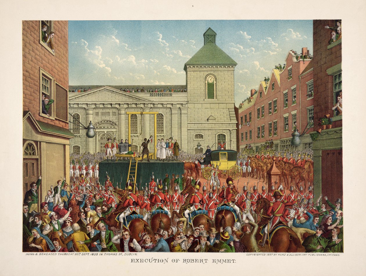 Robert Emmet kivégzése a Thomas utcában, 1803. szeptember 20., pub. 1803 (színes litó) alkotó: American School