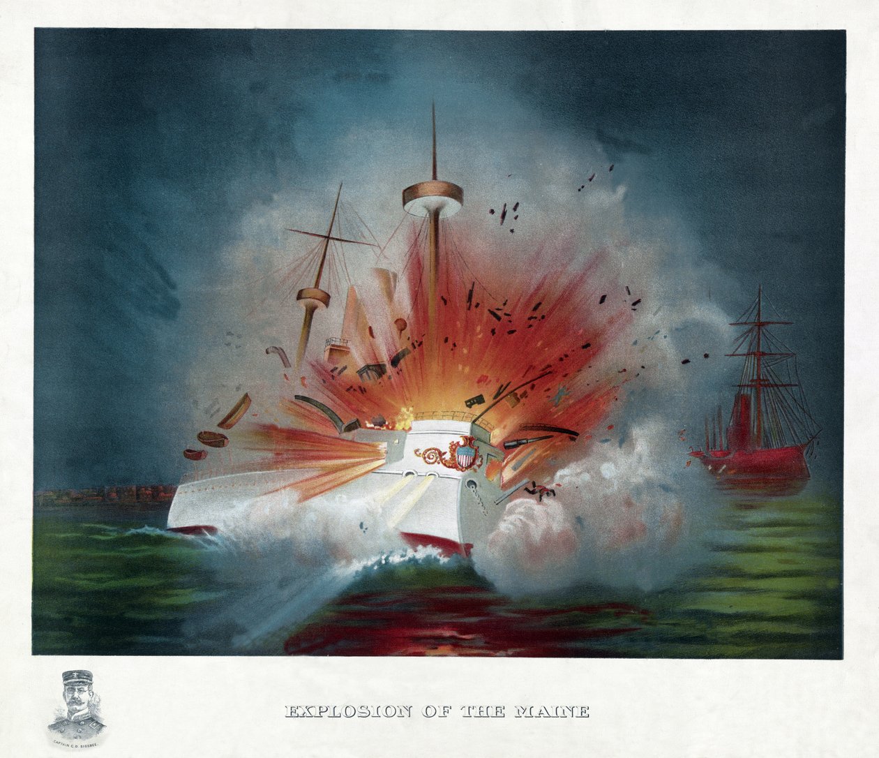 Explosion of the Maine, pub. 1898 (színes litográfia) alkotó: American School