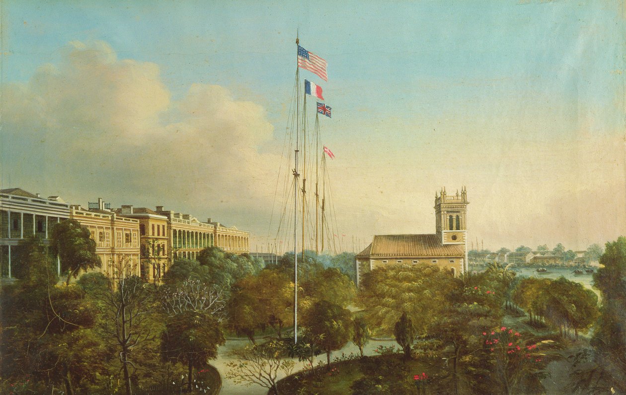 A kínai kantoni gyárak 1850 körül alkotó: American School