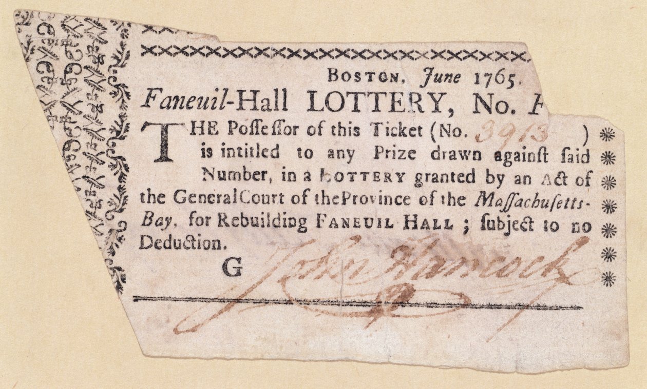 Faneuil-Hall sorsjegy, aláírta John Hancock (1737-93) 1765 (tinta papíron) alkotó: American School