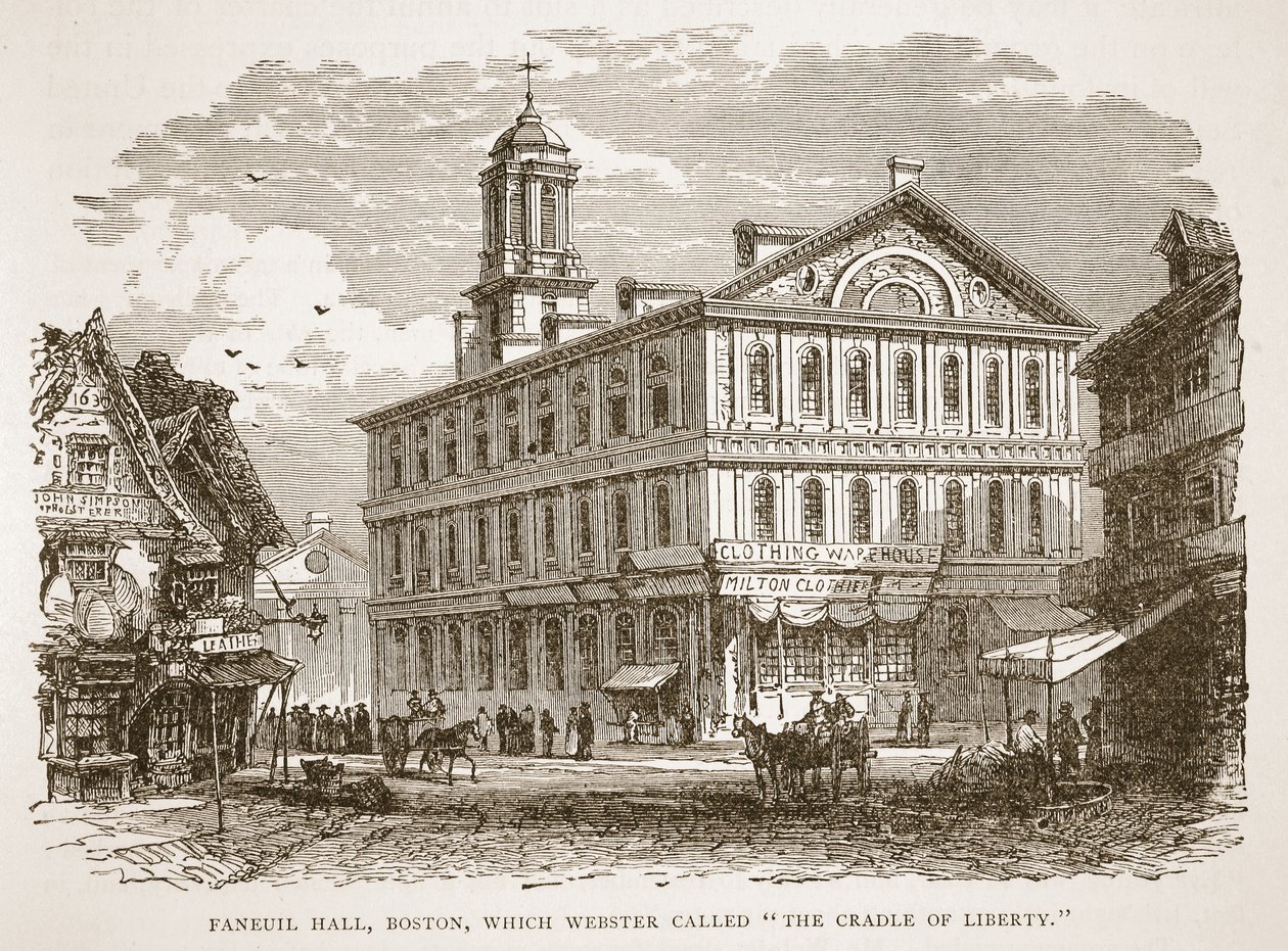 Faneuil Hall, Boston, amelyet Webster a Szabadság bölcsőjének nevezett, egy könyvkocsmából. 1896 alkotó: American School
