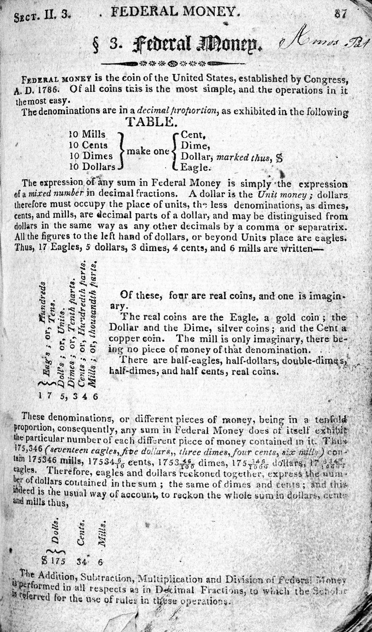 Federal Money, oldal a The Scholars Arithmetic 6. kiadásából, Daniel Adams, kiadó: N.H.Keene, 1810 (nyomtatott) alkotó: American School