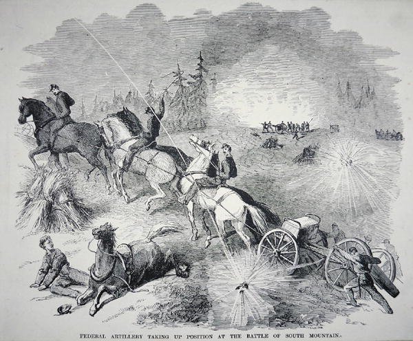 Szövetségi tüzérség állást foglal a South Mountain-i csatában, 1862. szeptember (metszet) alkotó: American School