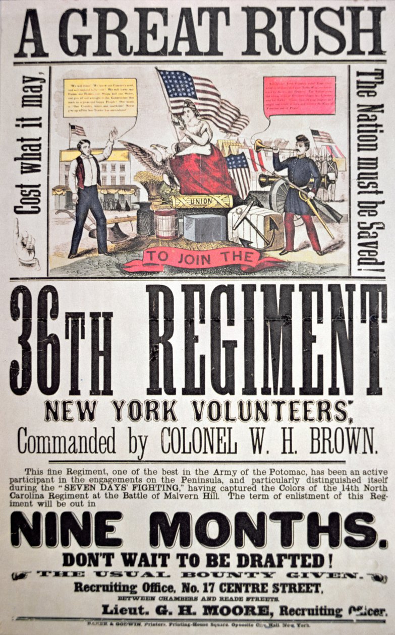 Szövetségi toborzóplakát a 36. ezredhez, New York-i önkéntesek (színes litho) alkotó: American School