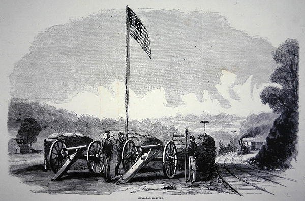 Szövetségi homokzsák akkumulátor a vasút védelmére az amerikai polgárháború idején (1861-65) (litho) alkotó: American School