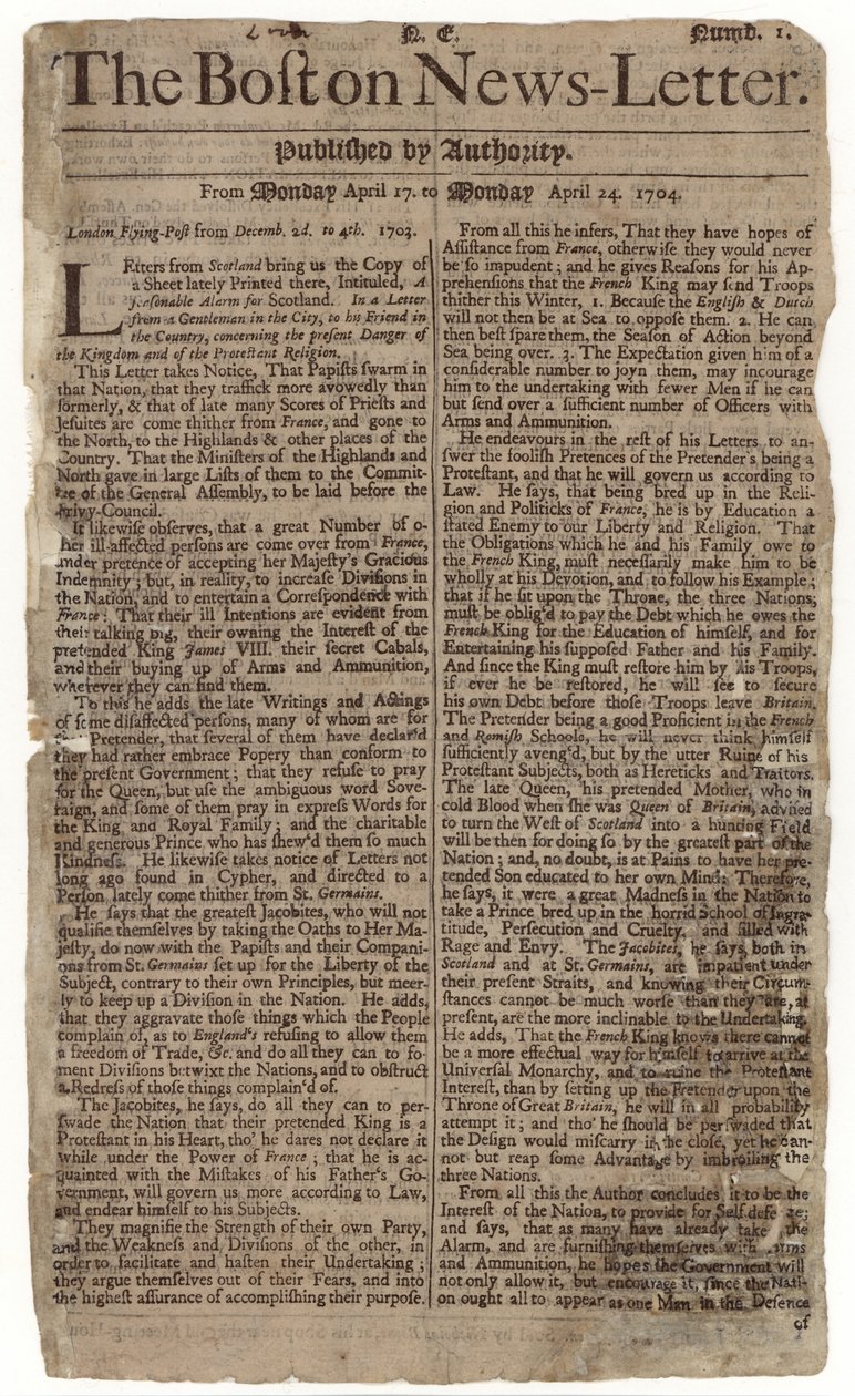 A Boston News-Letter első száma, 1704 (újságpapír) alkotó: American School