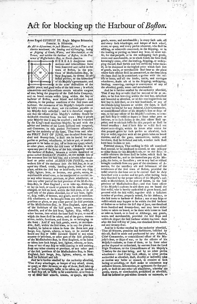 Az 1774-es bostoni kikötő blokkolására vonatkozó törvényt körvonalazó széles oldal első oldala (újságpapír) alkotó: American School