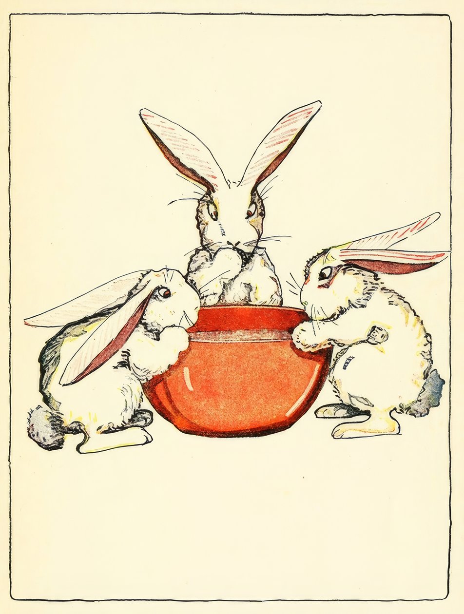 Flopsy, Mopsy és Cotton-Tail kenyeret, tejet és szedret fogyasztott vacsorára alkotó: American School