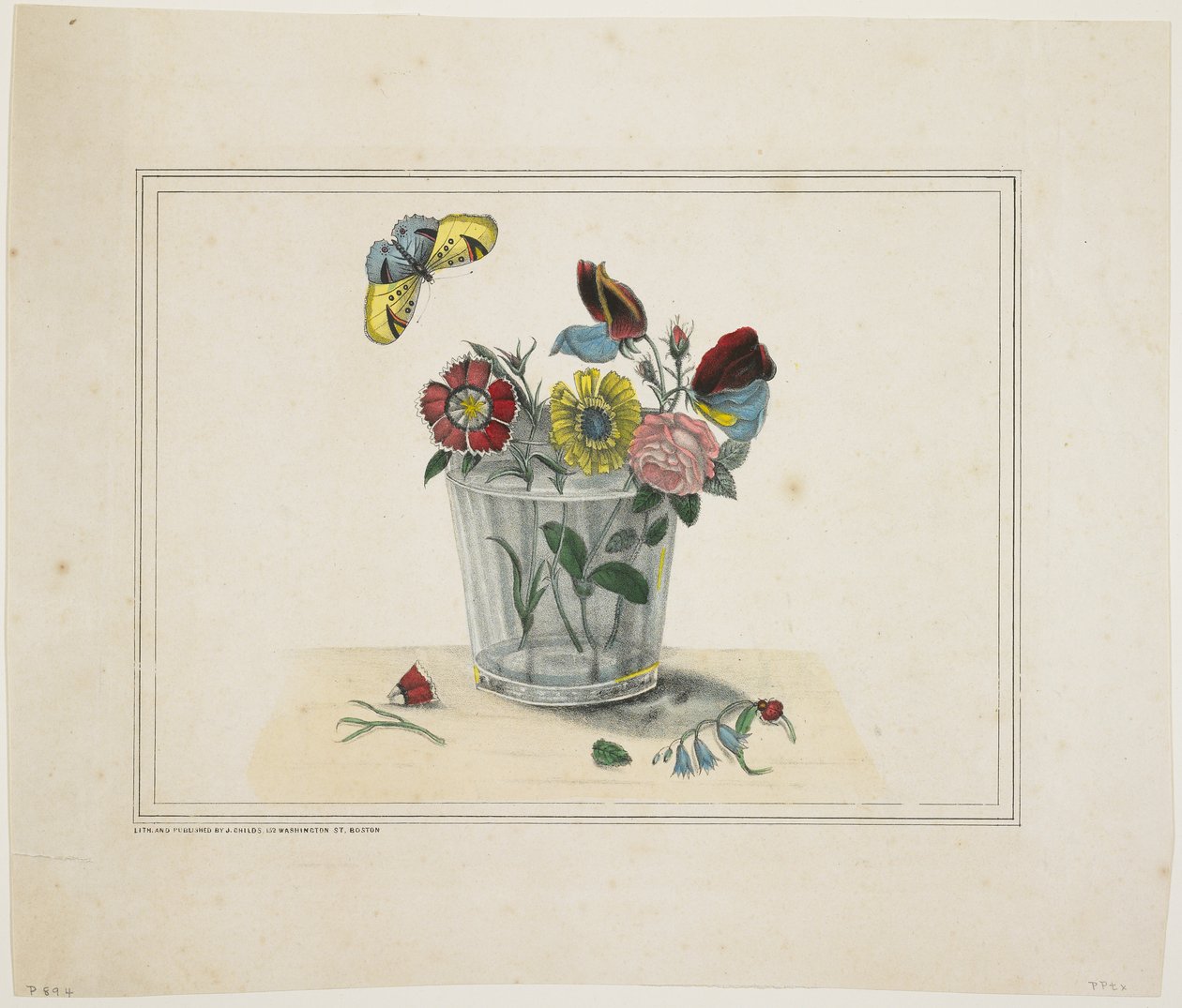 Virágok üvegben, pillangóval (kézzel színezett litho) alkotó: American School
