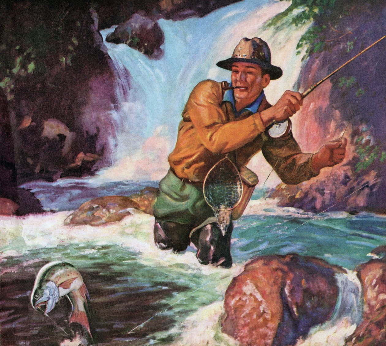Fly Fisherman egy folyóban fogás egy patak pisztráng alkotó: American School