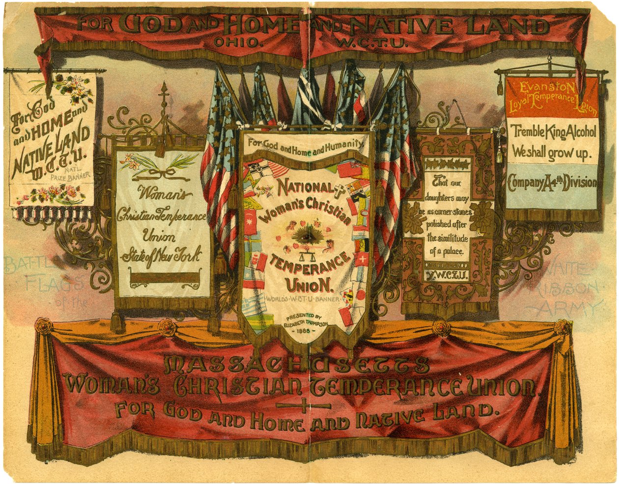 Istenért, otthonért és szülőföldért... Womans Christian Temperance Union, A fehérszalagos hadsereg harci zászlói, 1885 alkotó: American School