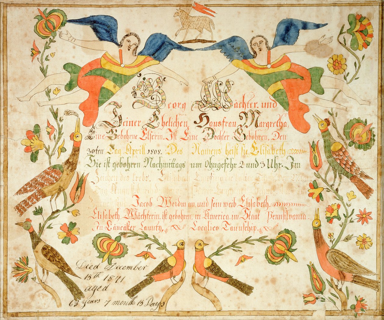 Wachter Erzsébet (1808-71) születési és keresztelési bizonyítványának fraktúrája 1808 (tinta és akvarell, papír) alkotó: American School