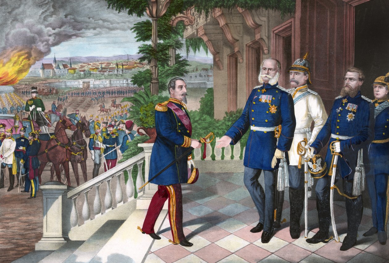 Francia-porosz háború 1870-1871: III. Napóleon megadása a sedani csata után, 1870. szeptember 2. Színes metszet, amerikai, c1871 - 1870-es háború: III. Napóleon (1808-1873) fogoly a sedani csatát követően találkozik Vilmossal I. porosz (1797- alkotó: American School