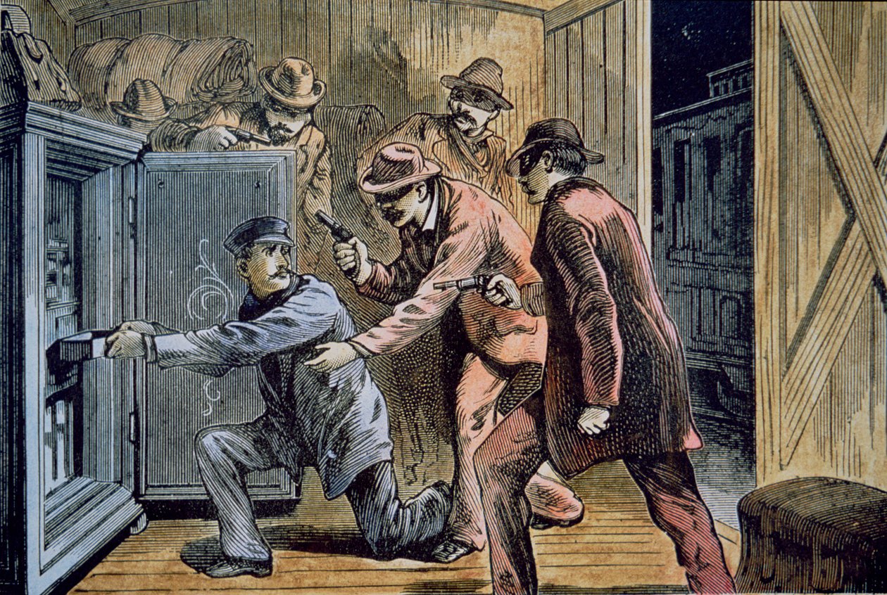 Frank és Jesse James Gang kirabolják egy vonat gyorskocsiját 1879-ben (színes litó) alkotó: American School