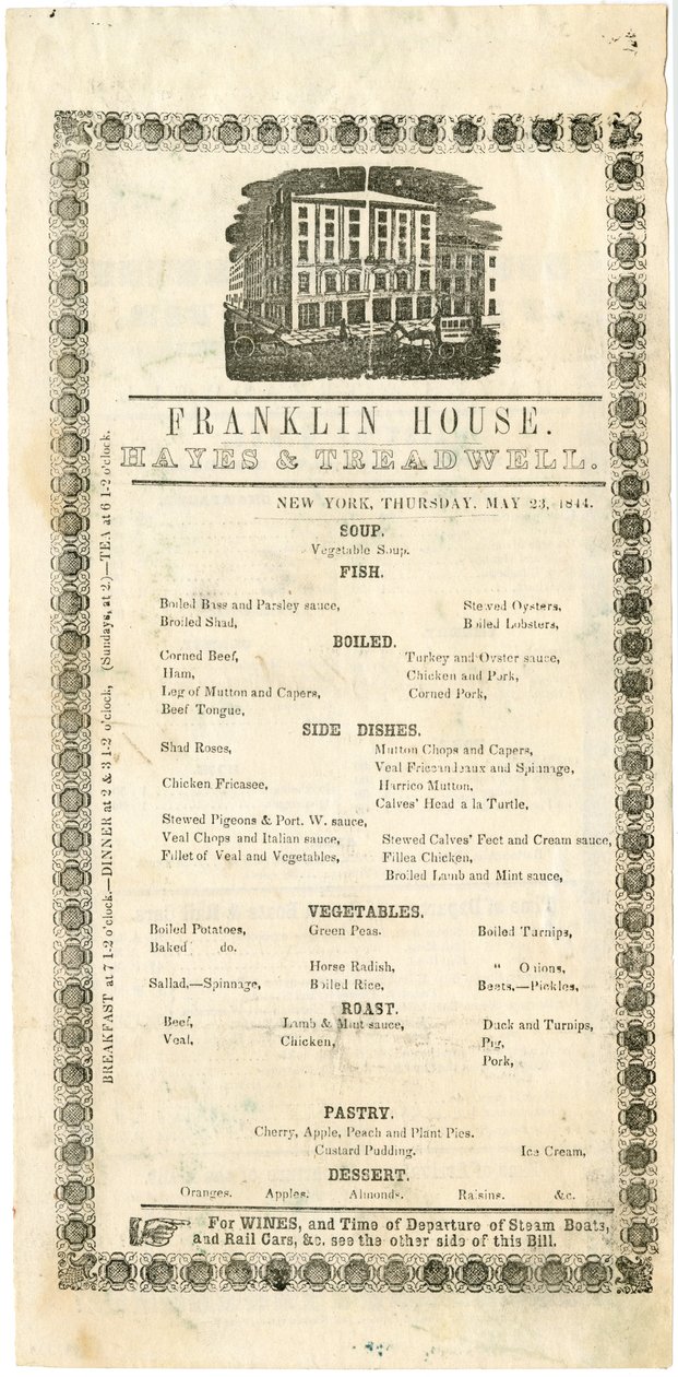 Franklin-ház menü 1844. május 23-án, 1844. május 23-án (vésett menü) alkotó: American School