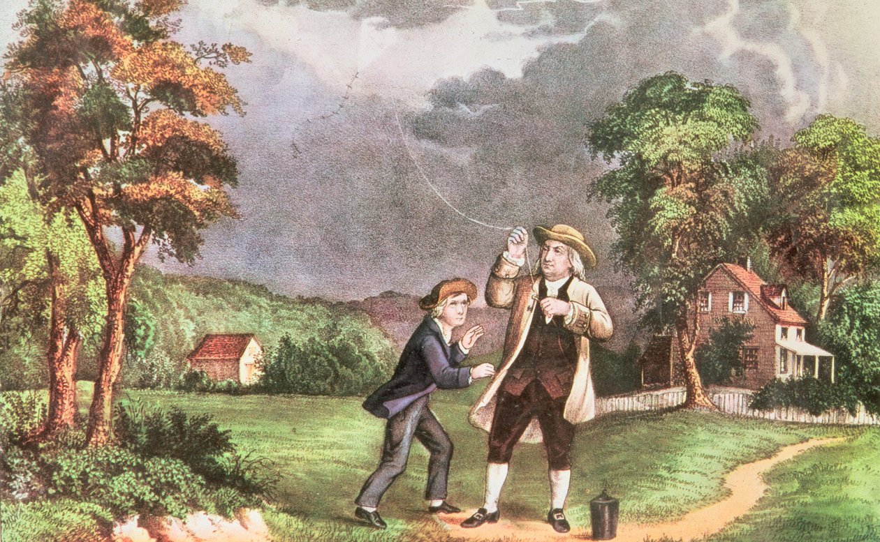 Franklins kísérlet az elektromosságban 1746 körül, pub. készítette: Currier és Ives (nyomtatott) alkotó: American School