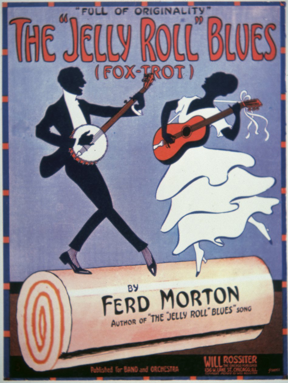 Elülső borító a „The Jelly Roll Blues”-hoz, Jelly Roll Morton (1890-1941) 1915 (színes litó) alkotó: American School