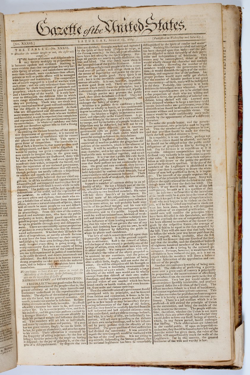Az Egyesült Államok Közlönyének címlapja, 1789. április 15 alkotó: American School