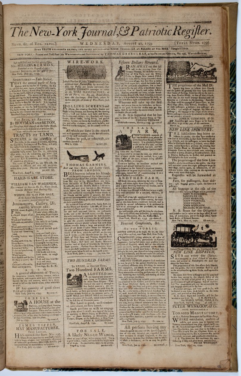 A New York Journal and Patriot Register címlapja, 1793. augusztus 21 alkotó: American School
