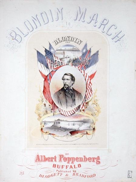 Borító Albert Poppenberg „Blondin March” című kottájához (színes litó) alkotó: American School