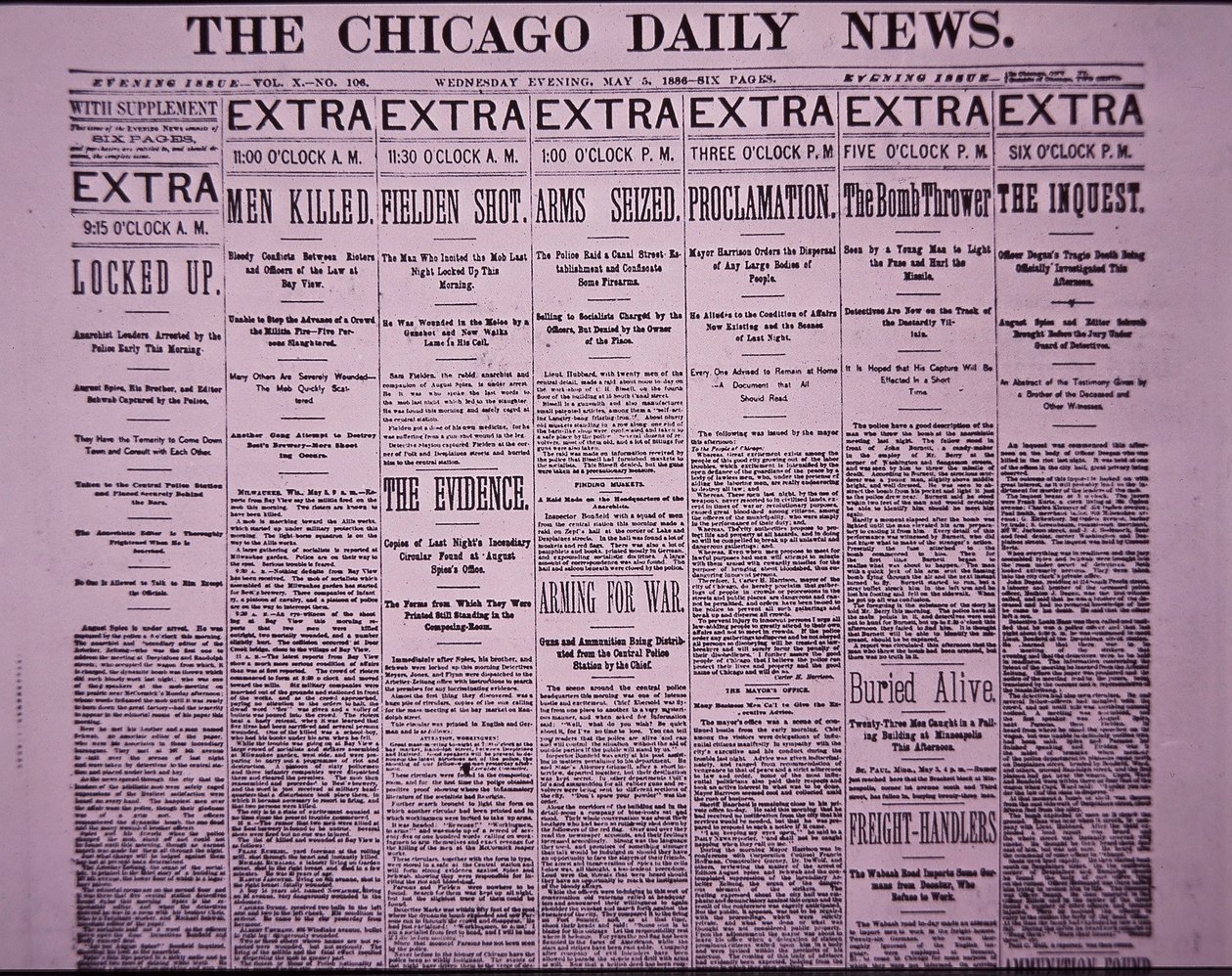 A Chicago Daily News címlapja a Chicago Haymarket Labor Riotról tudósít, 1886. május 5. (újságpapír) alkotó: American School