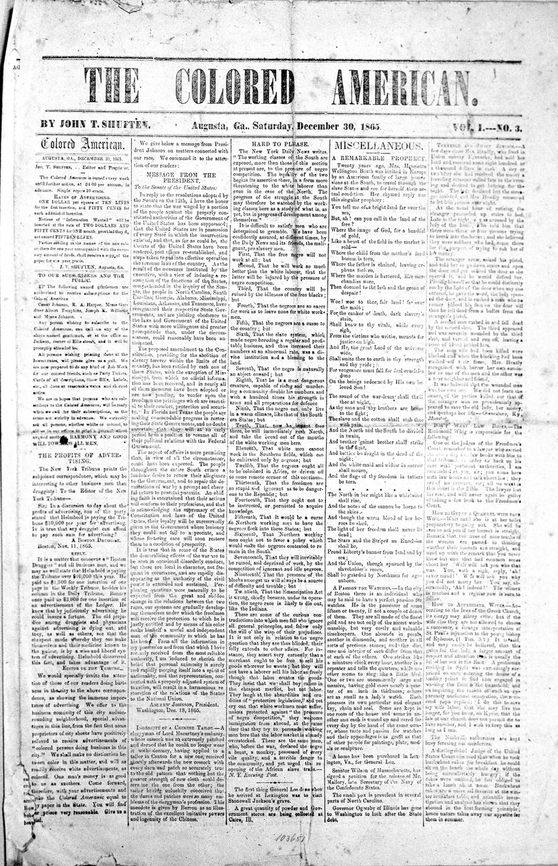 A Színes amerikai címlapja, 1865. december 30. (nyomtatott) alkotó: American School