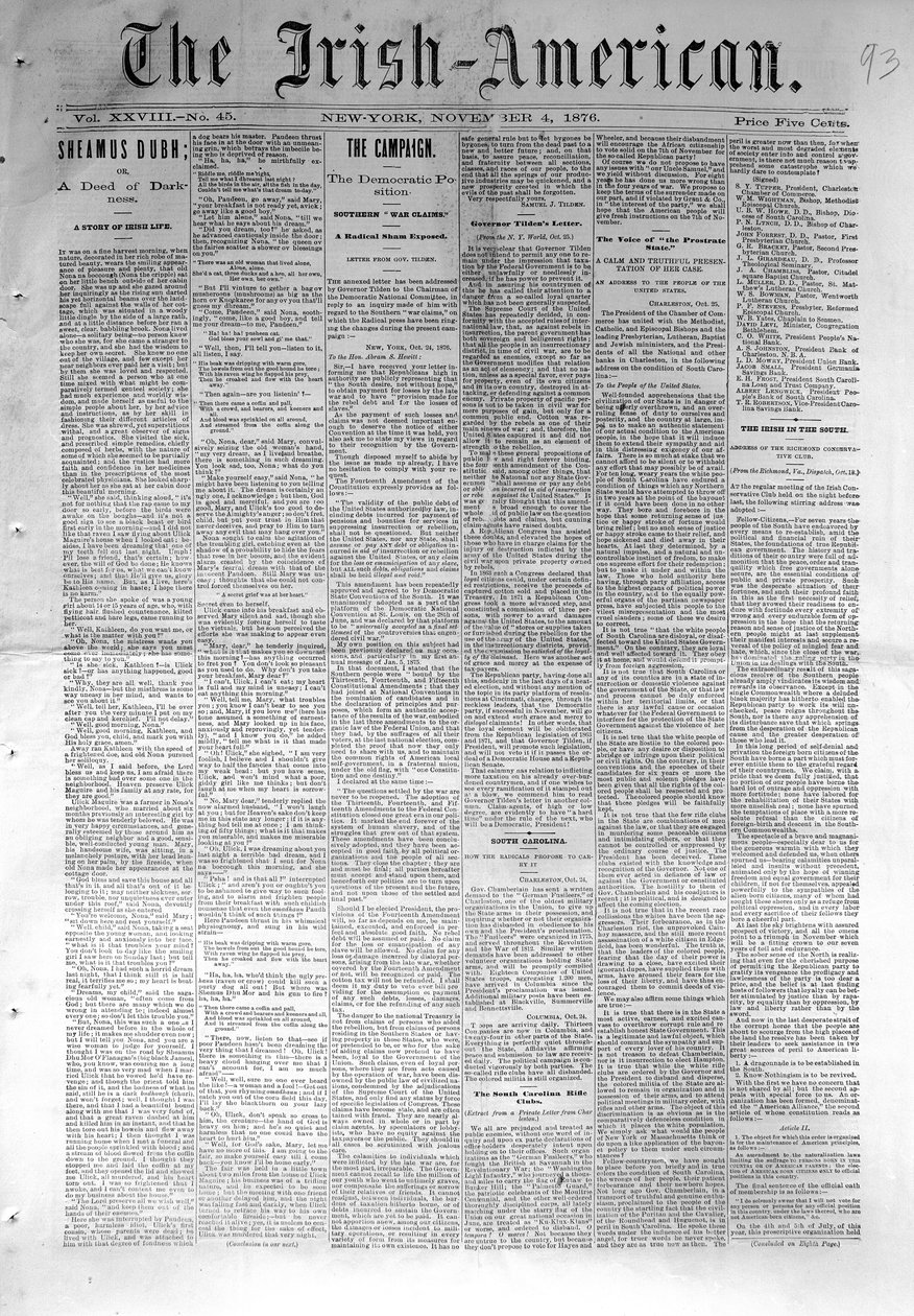 Az Irish-American címlapja, New Yorkban, 1876. november 4-én (újságpapír) alkotó: American School