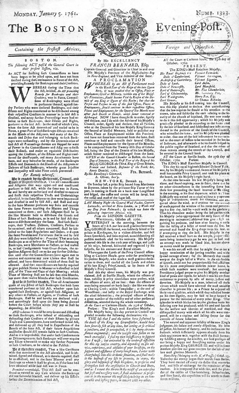 A Boston Evening Post címlapja, amely bejelenti II. György király (1683-1760) halálát, 1761. január 5. (nyomtatott) alkotó: American School