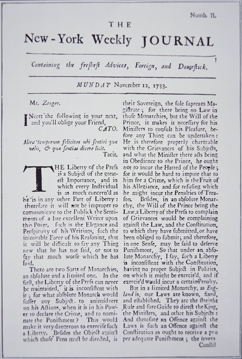 A New-York Weekly Journal címlapja a sajtószabadságról alkotó: American School
