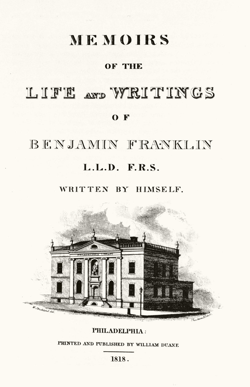 Benjamin Franklin „Emlékiratok Benjamin Franklin életéről és írásairól” című önéletrajzi frontispice. 1818-as kiadás. alkotó: American School