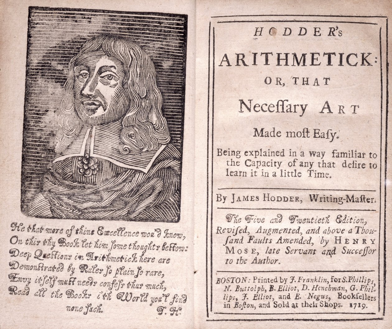 Hodders Arithmetic vagy Ez a legkönnyebben szükséges művészet előlapja és címlapja, James Hodder, 1719 alkotó: American School