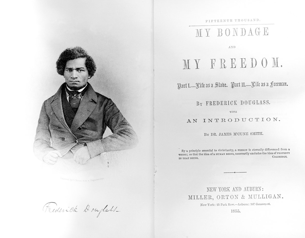 Frederick Douglass (1818-95) 1855-ben megjelent My Bondage and My Freedom című könyvének előlapja és címlapja (nyomtatott) alkotó: American School