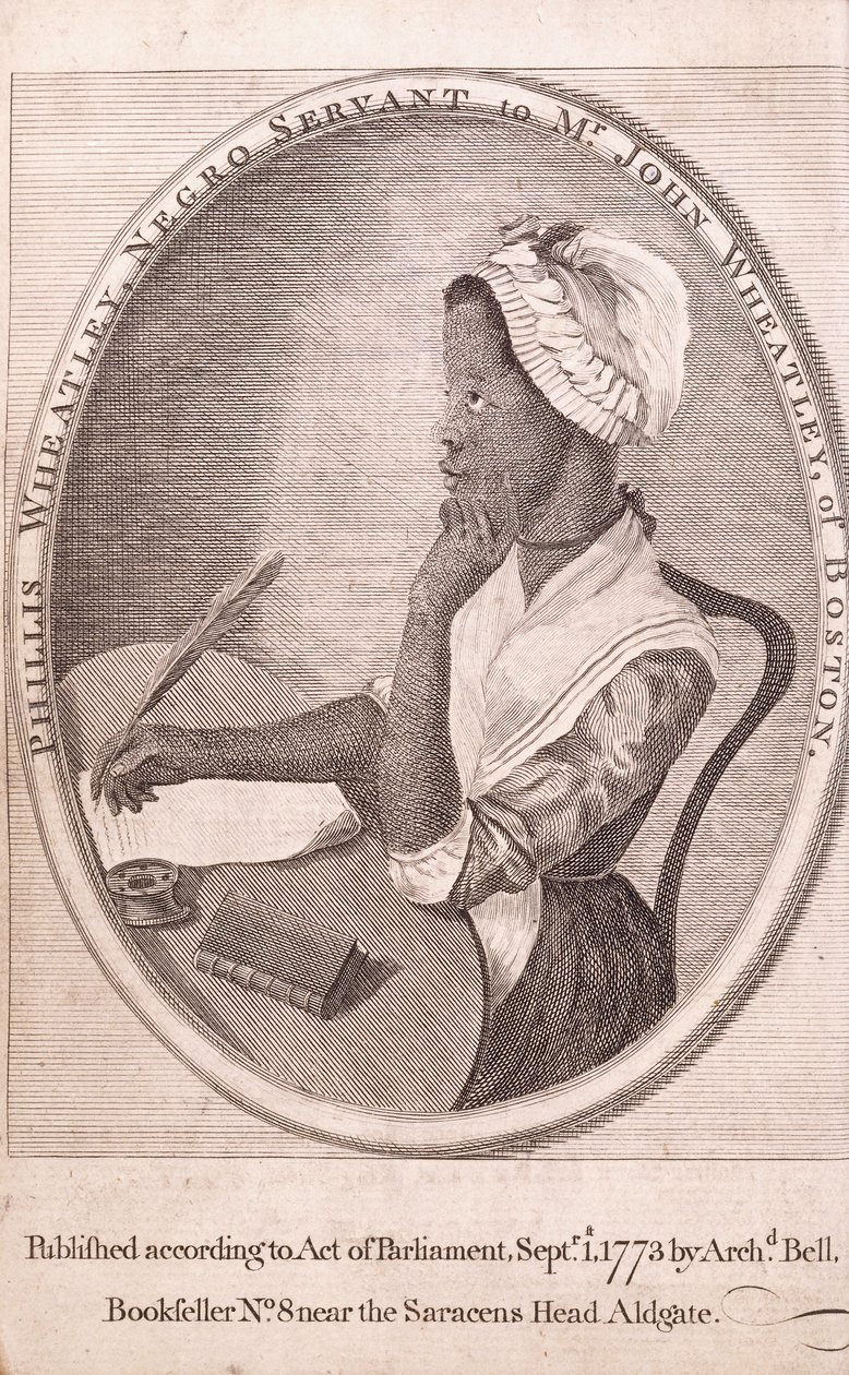 A szerző, Phillis Wheatley első portréja a „Versek különféle témákról, vallásról és erkölcsről” című könyvből alkotó: American School