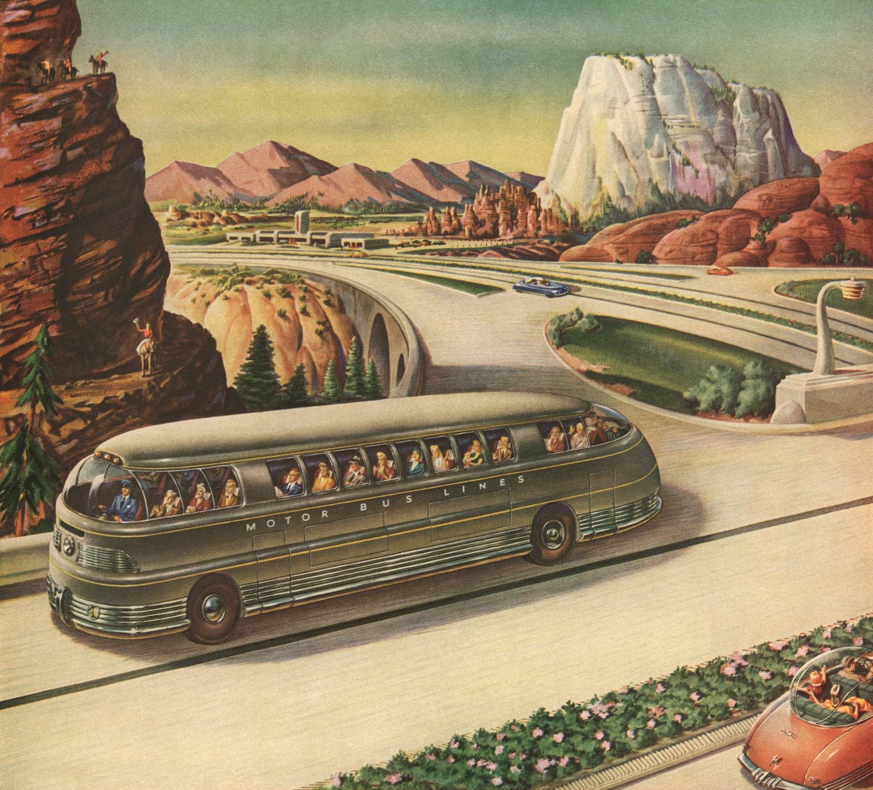 Futurisztikus utasszállító busz utazik egy autópályán az amerikai délnyugaton alkotó: American School