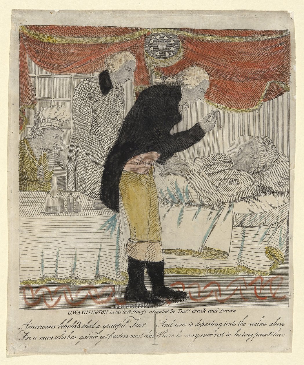 G. Washington utolsó betegségében, Dr. Craik és Brown részvételével, pub. 1800 körül (kézzel színezett gravírozás) alkotó: American School