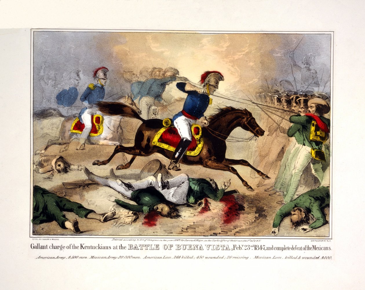 A kentaukiaiak bátor támadása a Buena Vista-i csatában, febr. 1847. 23. és a mexikóiak teljes veresége, pub. 1847 (kézi színes litográfia) alkotó: American School