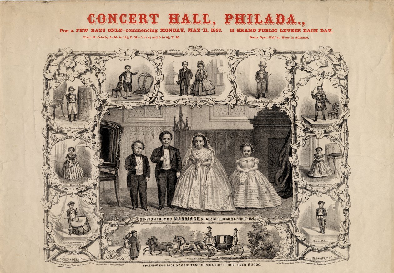 Tom Thumb tábornok és felesége, Com. Nutt és Miss Minnie Warren, kocsma. Currier & Ives, 1863 alkotó: American School