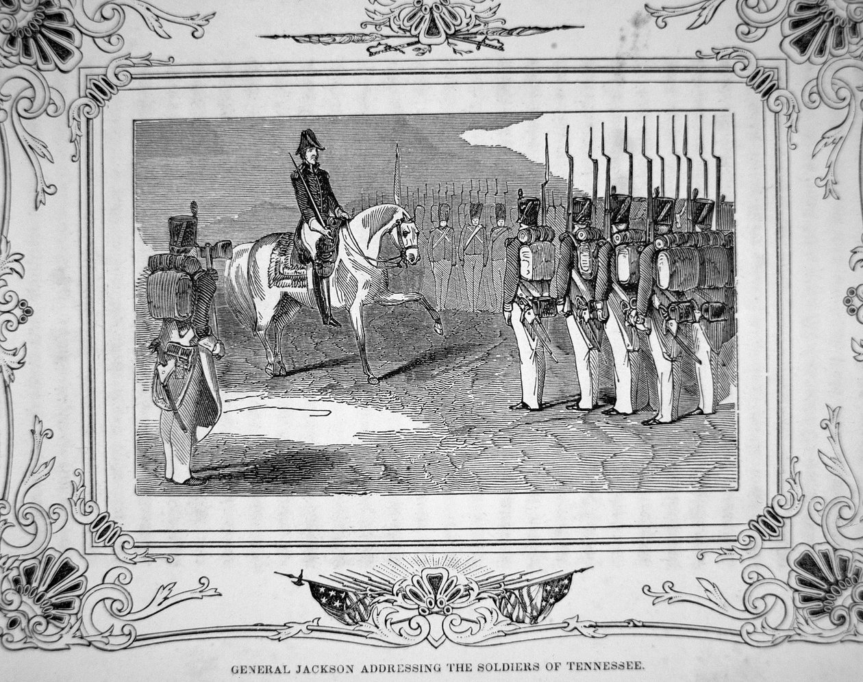 Andrew Jackson tábornok beszél a tennessee-i milíciával a Horseshoe Bend-i csata előtt, 1814. március 27. alkotó: American School