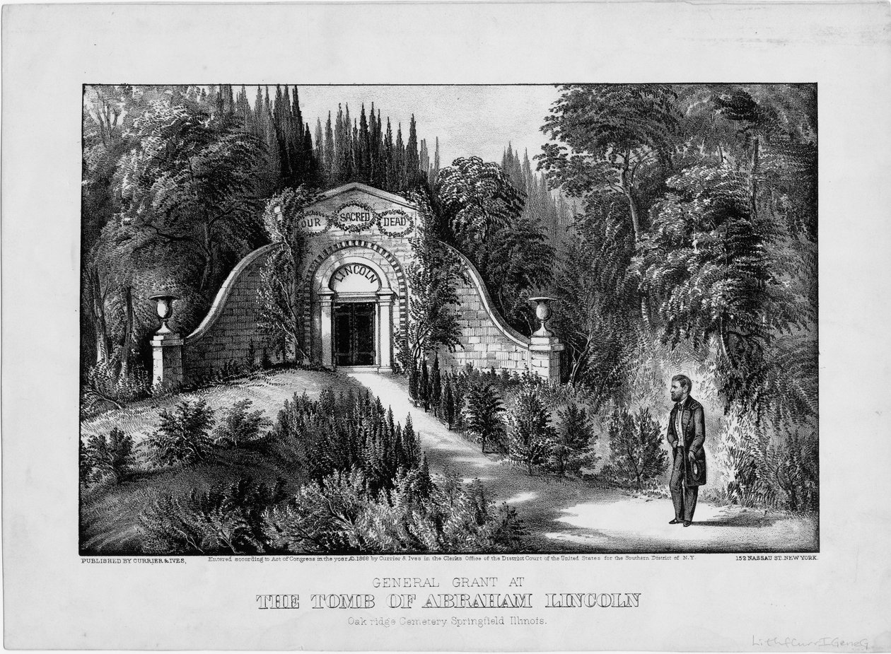 Grant tábornok Abraham Lincoln sírjánál, Oak Ridge Cemetery, Springfield, Illinois, pub. Currier & Ives, 1868 alkotó: American School