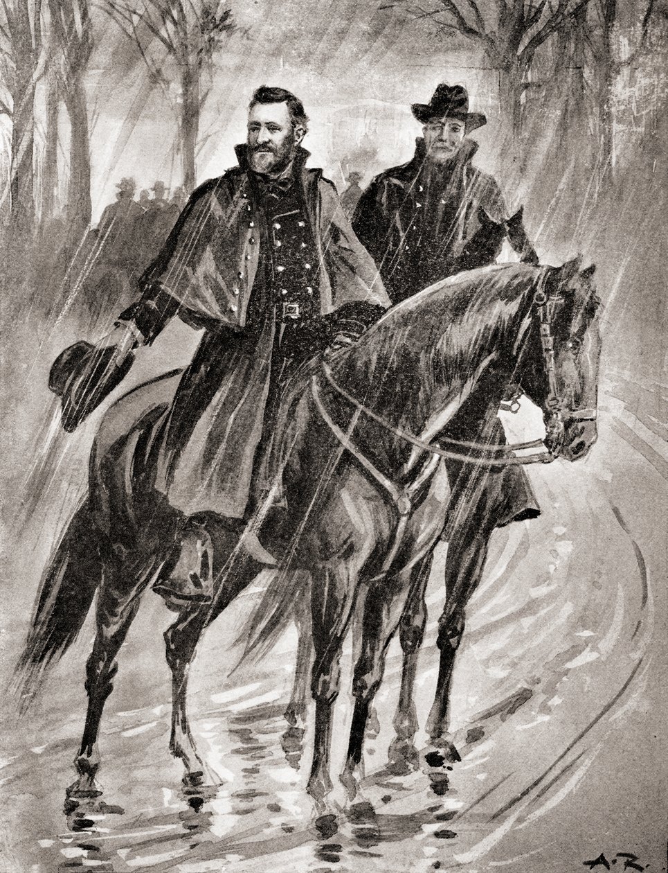 Grant tábornok az esőben a Missouri állambeli Belmontban, az 1861-es csata előtt, az 1905-ben megjelent „Hazánk története” című könyvéből (litho) alkotó: American School