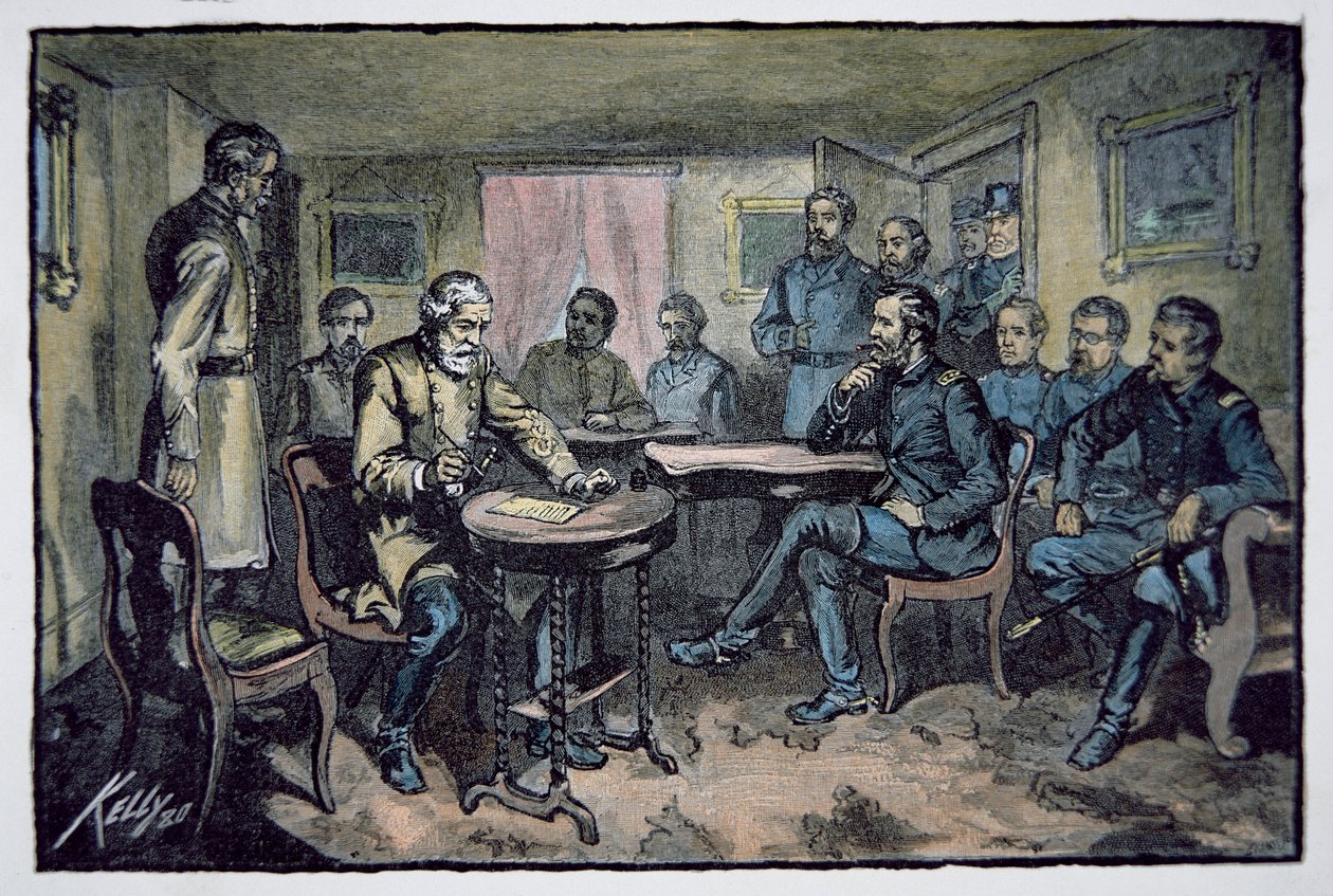 Robert E. Lee tábornok (1807-70) megadja magát Ulysses S. Grant (1822-85) tábornoknak az Appomattox-i bíróságon, 1865. április 9-én (színes litó) alkotó: American School