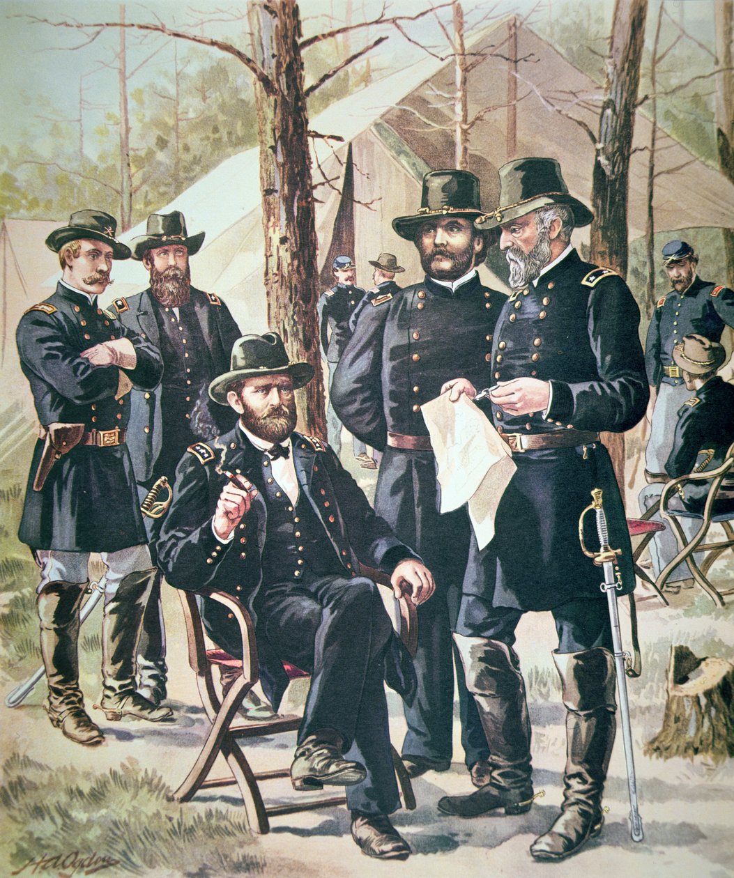Ulysses Simpson Grant tábornok, az Unió erőinek parancsnoka az 1862. április 6-7-i shilohi csatában (színes litó) alkotó: American School