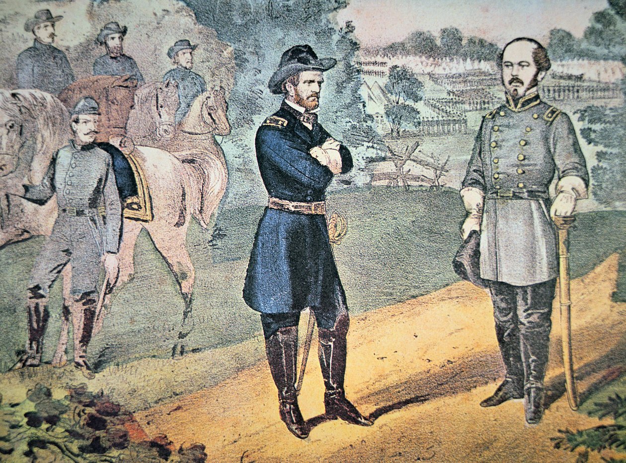 Sherman és Johnson tábornok találkozik, hogy megszervezzék a konföderációs erők feladását Észak-Karolinában 1865-ben (színes litó) alkotó: American School