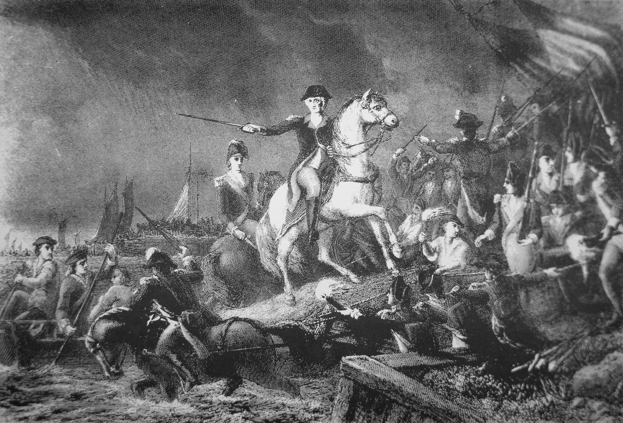 George Washington irányítja a visszavonulást Brooklyn Heightsból, 1776. augusztus 29. (litho) alkotó: American School