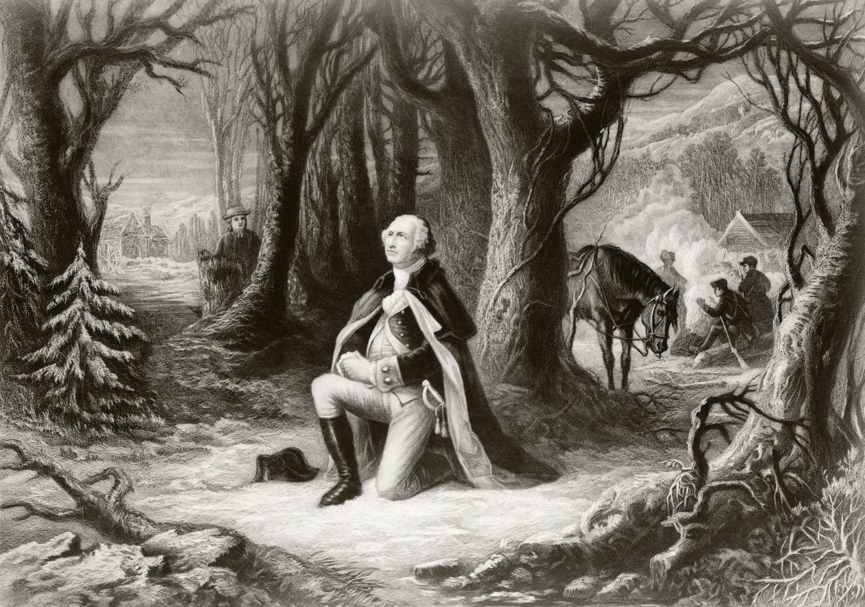 George Washington az amerikai forradalmi háborús táborban, Valley Forge-ban imádkozik 1777-78 telén, Henry Brueckner festménye után alkotó: American School