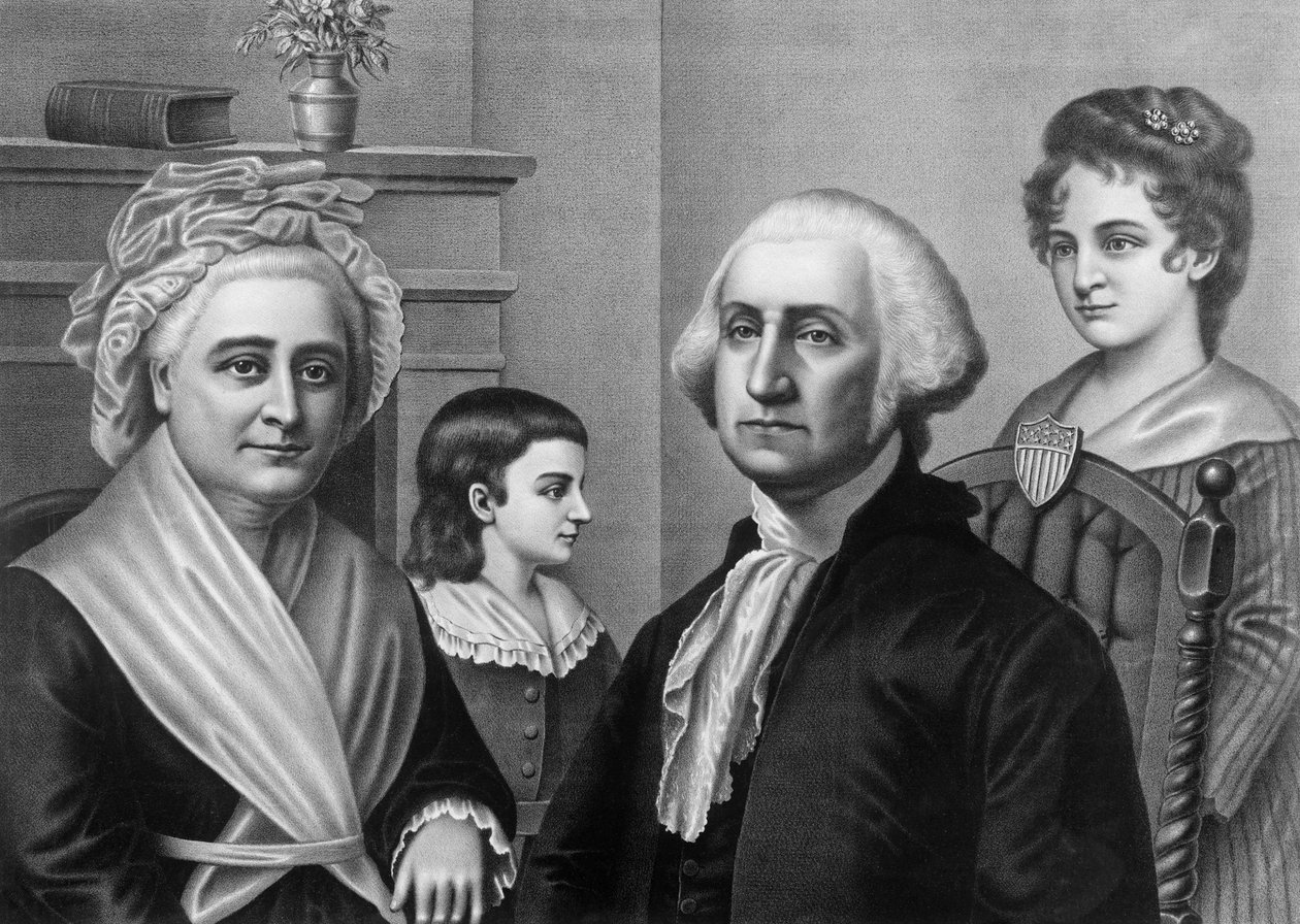 George Washington feleségével, Martha Washingtonnal és gyermekeivel Mount Vernonban. Metszet 1880 körül. alkotó: American School